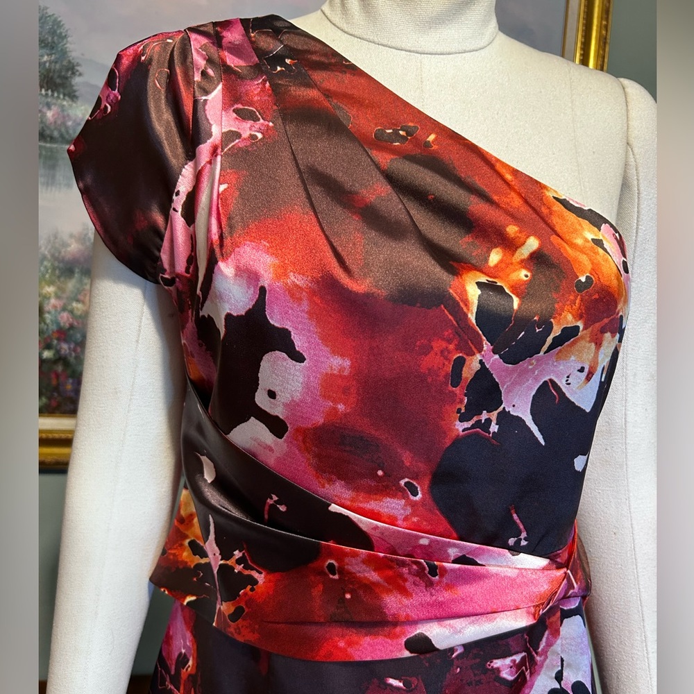 Tahari One Shoulder Black Purple Pink Lilac Danika One Shoulder Floral Dress - Picture 5 of 15